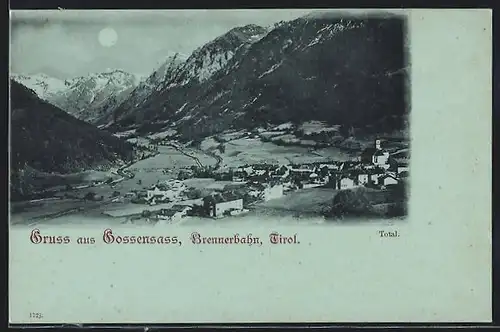 Mondschein-AK Gossensass /Tirol, Ortsansicht mit Brennerbahn