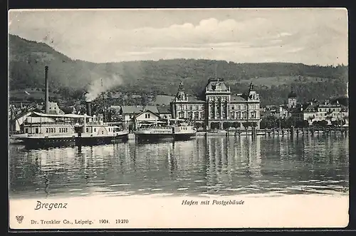 AK Bregenz, Hafen mit Dampfer und Postgebäude