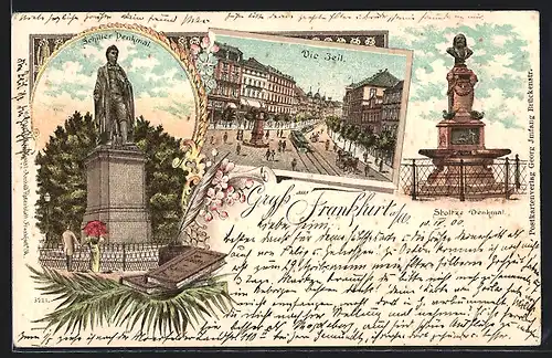 Lithographie Frankfurt /Main, Stolze-Denkmal, Zeil, Schiller-Denkmal