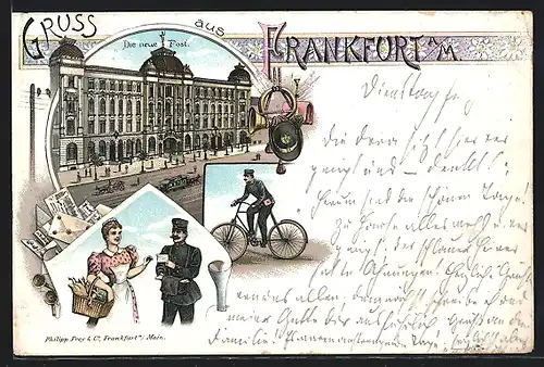 Lithographie Frankfurt a. M., Neue Post, Postbote auf Fahrrad