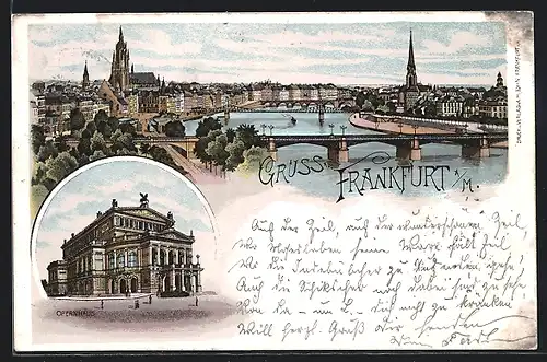 Lithographie Frankfurt a / M., Teilansicht mit Brücke, Opernhaus