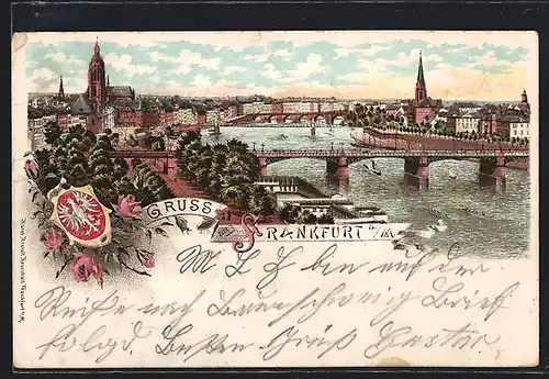 Lithographie Alt-Frankfurt, Ansicht der Stadt mit Dom und Brücke