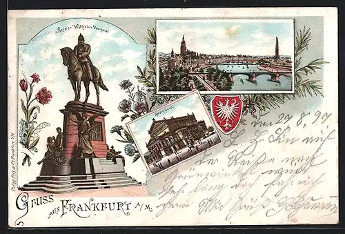 Lithographie Frankfurt a. M., Kaiser-Wilhelm-Denkmal, Panorama, Opernhaus, Wappen