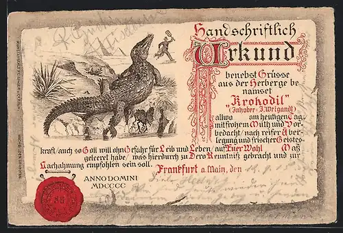 Lithographie Frankfurt a. Main, Gaststätte Krokodil, Urkunde mit Siegel