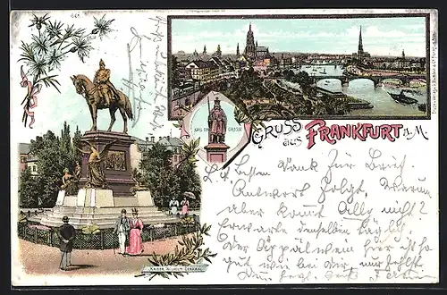 Lithographie Frankfurt a. M., Kaiser Wilhelm Denkmal, Karl der Grosse, Ortsansicht mit Flusspartie