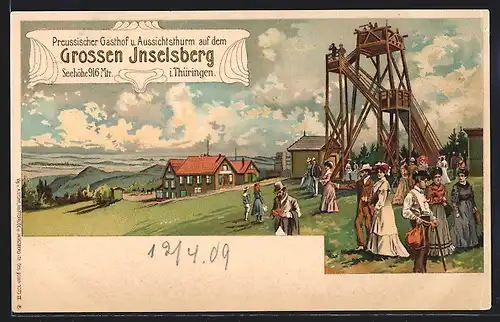 Lithographie Grosser Inselsberg i. Thüringen, Preussischer Gasthof und Aussichtsturm
