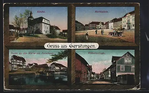 AK Gerstungen, Kirche, Marktplatz, Blick in die Wilhelmstrasse