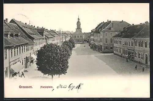 AK Greussen, Marktplatz mit Geschäften und Kirche