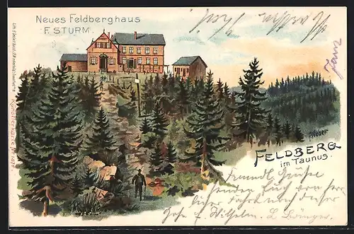 Lithographie Feldberg i. T., Neues Feldberghaus von F. Sturm in Waldlandschaft