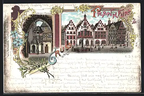 Lithographie Alt-Frankfurt, Spindeltreppe im Römer, Römer mit neuer Facade