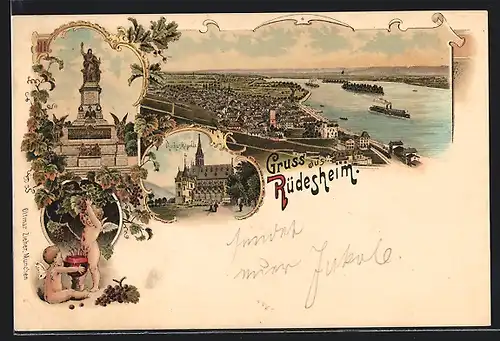 Lithographie Rüdesheim / Rhein, Denkmal, Rochuskapelle, Gesamtansicht