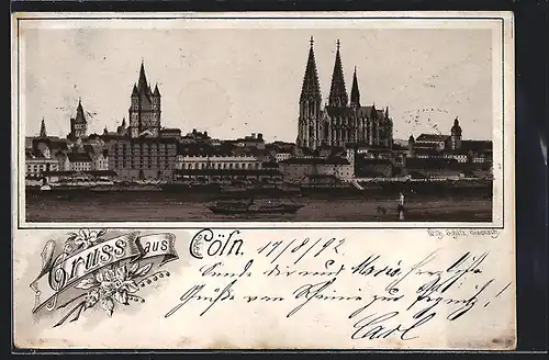 Vorläufer-Lithographie Köln, 1892, Uferpartie mit Dom