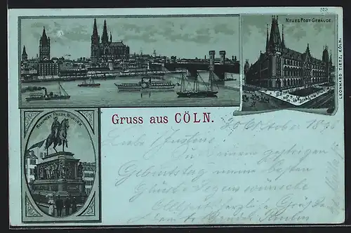 Lithographie Köln, Flusspartie mit Blick auf den Dom, Monument Friedrich Wilhelm III.