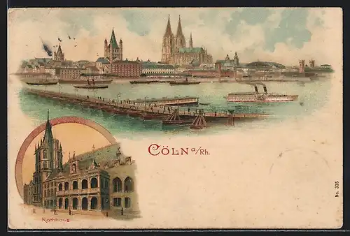 Lithographie Köln, Rheinbrücke mit Dom