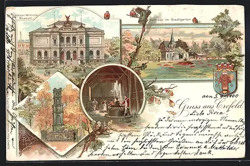 Lithographie Krefeld, Kurhaus im Stadtgarten, Kaiser-Wilhelm Museum, Veteranendenkmal