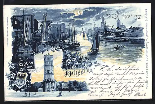 Lithographie Duisburg, Partie am Hafen