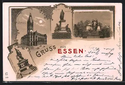 Lithographie Essen, Rathaus, Krupp-Grabdenkmal, Krieger-Denkmal