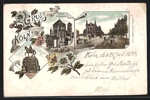 Lithographie Köln a. Rh., Kirche St. Gereon, Friedrich Wilhelm II., Strasse Hohenzollern-Ring