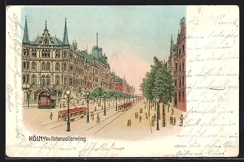 Lithographie Köln-Neustadt, Hohenzollernring mit Strassenbahnen