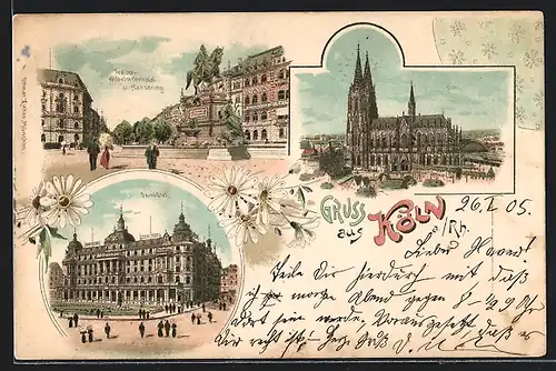 Lithographie Köln a. Rh., Domhotel, Dom, Kaiser Wilhelmdenkmal und Strasse Hansaring