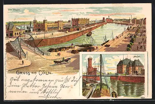 Lithographie Köln, Hafen mit Brücke