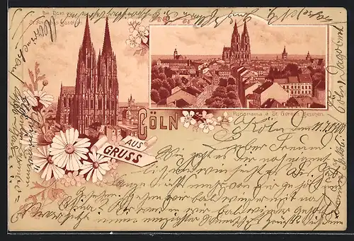 Lithographie Köln, Der Dom von der St. Andreas-Kirche gesehen, Panorama von der St. Gereonkirche gesehen