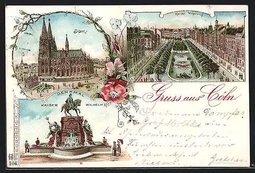 Lithographie Köln-Neustadt, Dom, Denkmal Kaiser-Wilhelm I, Kaiser Wilhelmring