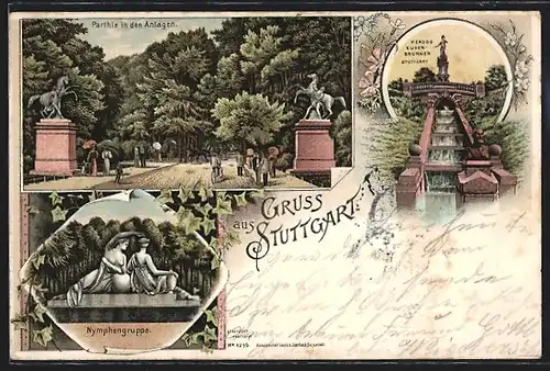 Lithographie Stuttgart, Partie in den Anlagen, Herzog-Eugen-Brunnen, Nymphengruppe