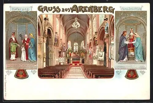 Lithographie Arenberg, Innenansicht der Kirche, Opferung, Maria Vermählung