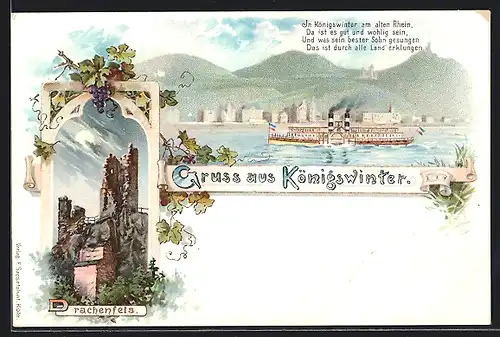 Lithographie Königswinter, Burgruine Drachenfels, Ortspanorama