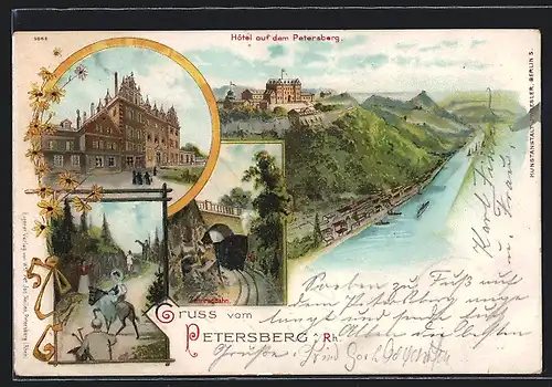 Lithographie Petersberg a. Rh., Hotel auf dem Petersberg, Zahnradbahn, Gebäudeansicht