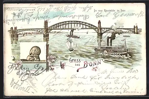 Lithographie Bonn, Rheinbrücke mit Brückenmännchen