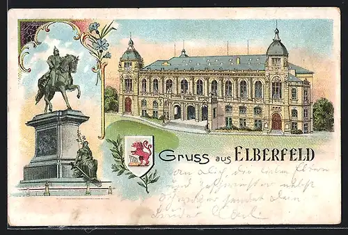 Lithographie Elberfeld, Strassenpartie und Denkmal Kaiser Wilhelm I.