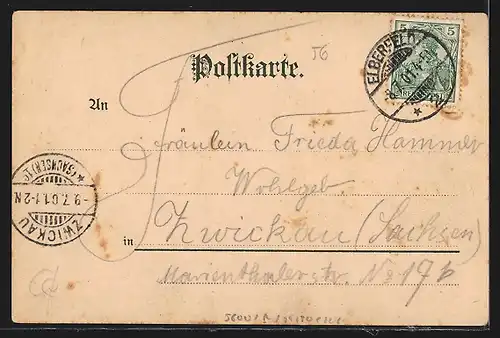 Lithographie Elberfeld, Strassenpartie und Denkmal Kaiser Wilhelm I.