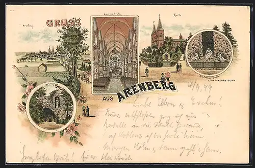 Lithographie Arenberg, Lourdesgrotte, Kirche, Schlafende Jünger