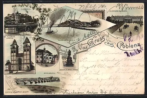 Lithographie Coblenz, Panorama mit Ehrenbreitstein, Carthaus, Kaufhaus und Moselbrücke