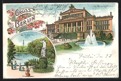 Lithographie Berlin, Königliches Schauspielhaus am Gendarmenmarkt, Goldfischteich