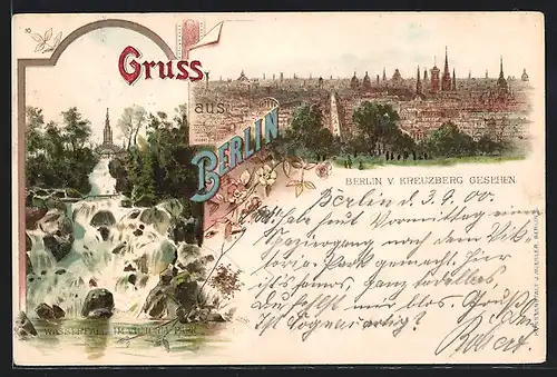 Lithographie Berlin-Kreuzberg, Gesamtansicht, Wasserfall im Viktoriapark