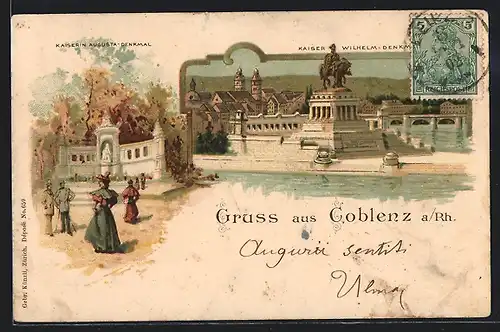 Lithographie Coblenz a. Rh., Kaiserin Augusta-Denkmal, Kaiser Wilhelm-Denkmal