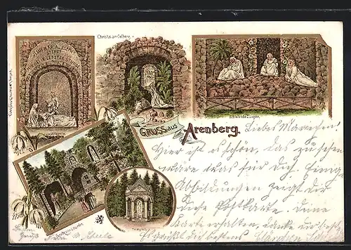 Lithographie Arenberg, Grotte von Lourdes, Schlafende Jünger
