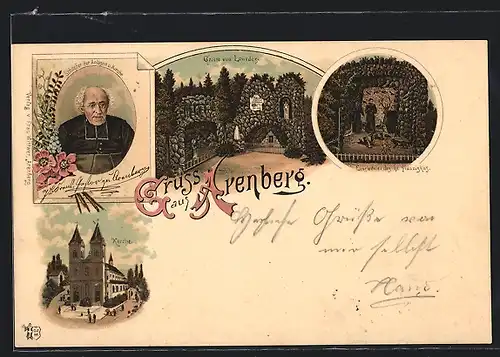 Lithographie Arenberg, Kirche, Grotte von Lourdes, Einsiedelei des hl. Franziskus