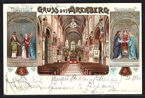 Lithographie Arenberg, Innenansicht der Kirche, Opferung, Maria Vermählung