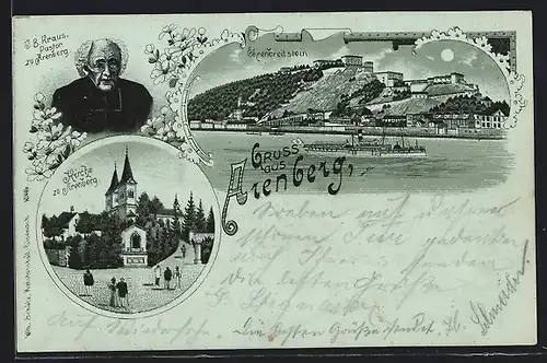 Lithographie Arenberg, Kirche, Dampfer vor Ehrenbreitstein, Pastor J. B. Kraus