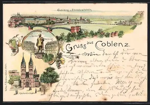 Lithographie Coblenz, Kastorkirche, v. Goeben-Denkmal, Panorama mit Ehrenbreitstein