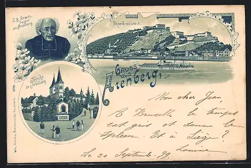 Lithographie Arenberg, Ortstotale mit Ehrenbreitenstein, Kirche und Pastorenabbildung