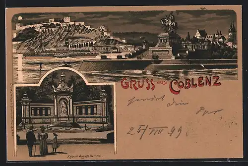 Lithographie Coblenz, Kaiserin Augusta-Denkmal, Provinzial-Denkmal am Deutschen Eck