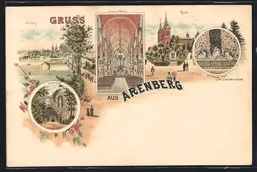 Lithographie Arenberg, Innenansicht der Kirche, Lourdesgrotte