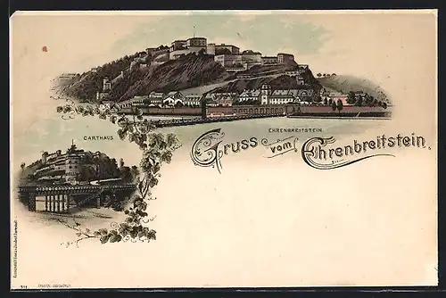 Lithographie Ehrenbreitstein, Carthaus, Panorama