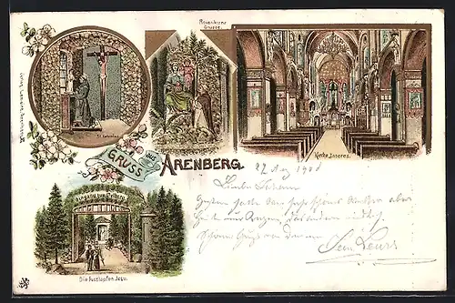 Lithographie Arenberg, Innenansicht der Kirche, Eingang zum Oelberg, Rosenkranz-Gruppe