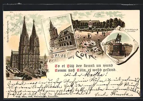 Lithographie Köln, Dom, Rathaus, Friedr. Wilhelm III Denkmal